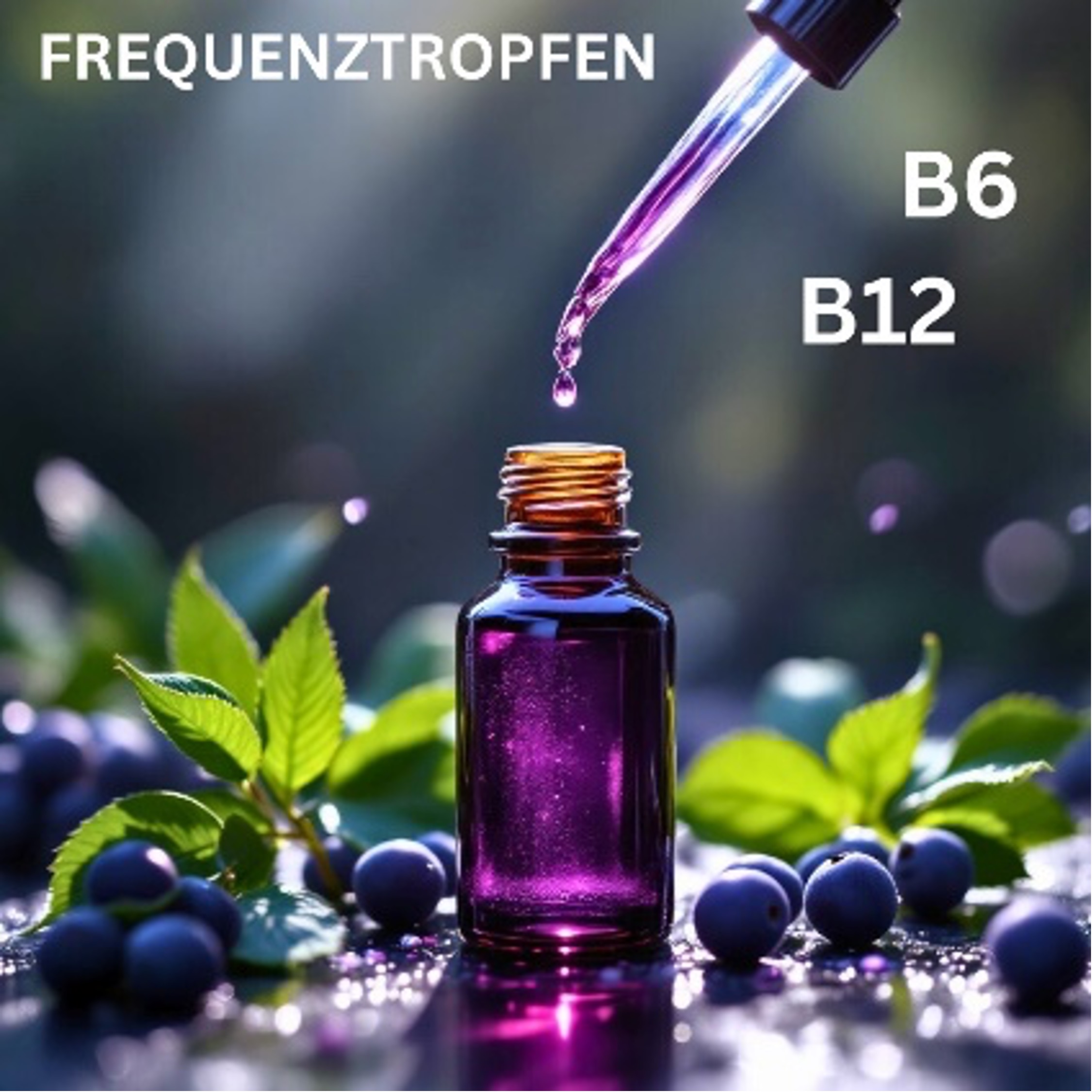 Lila Frequenztropfen mit Vitamin B6 und B12 in einer Glasflasche, mit Pipette und Beeren im Hintergrund